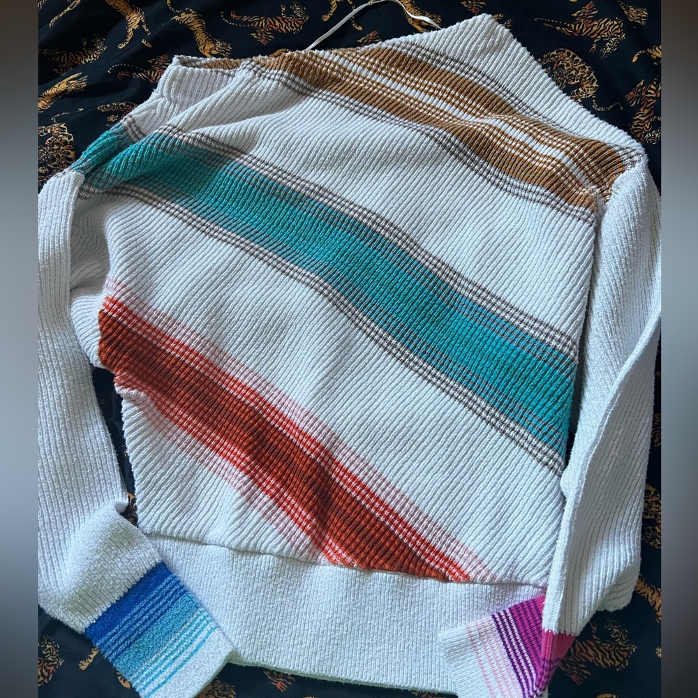 Striped Multicolor Sweater White with Teal, Rust & Gold free people small